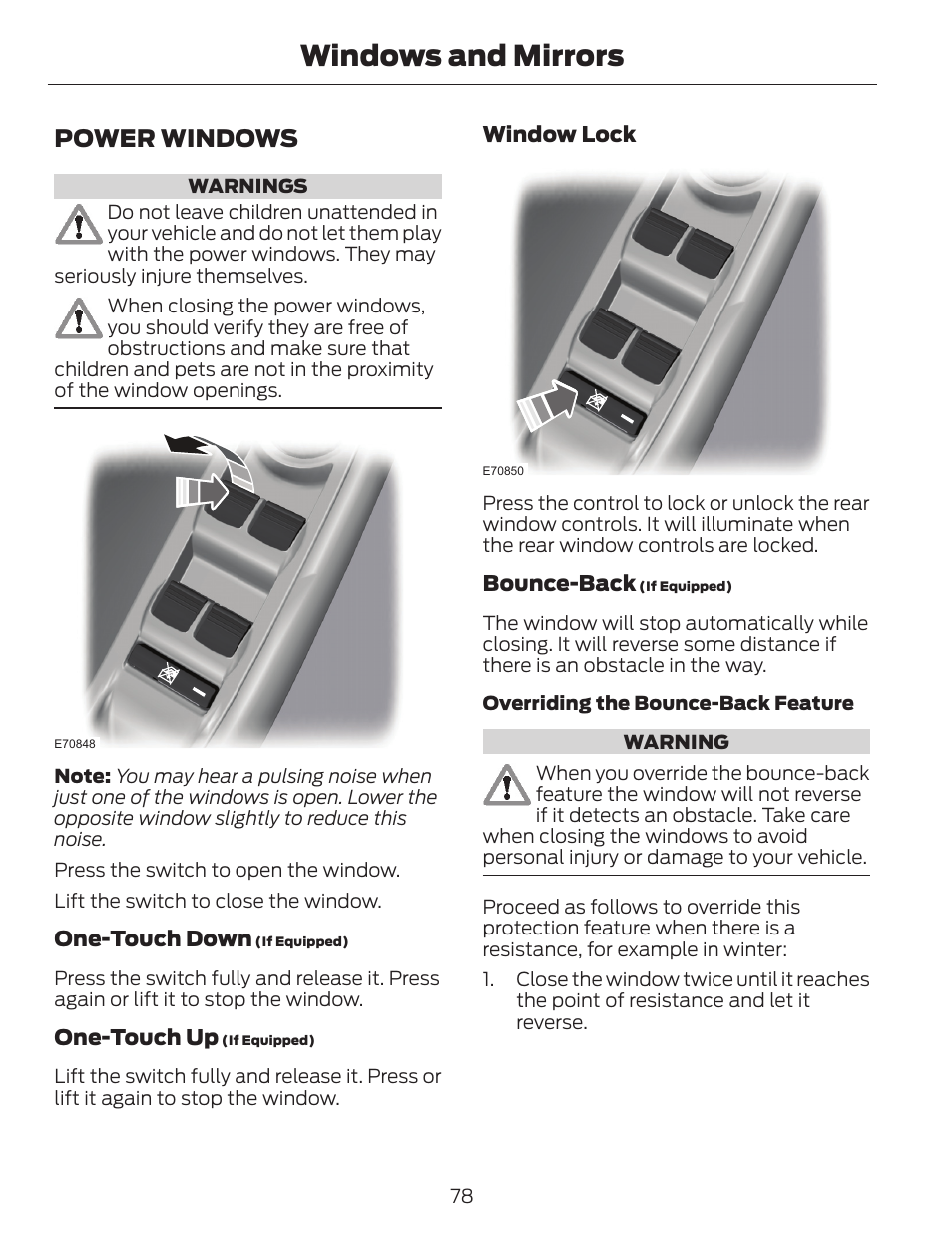 Windows and mirrors, Power windows | FORD 2014 Escape v.1 User Manual | Page 81 / 428