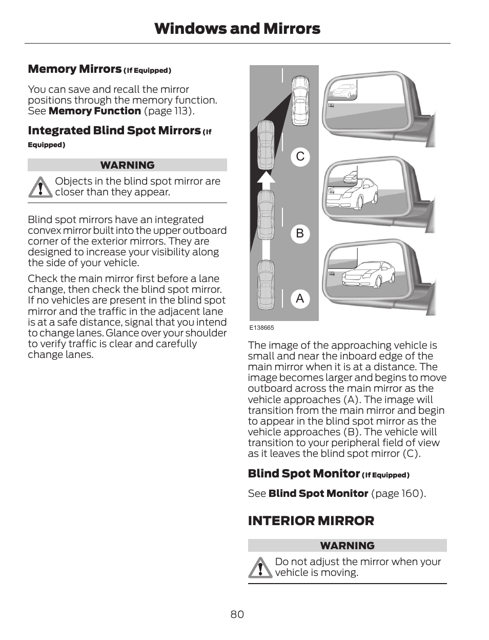 Windows and mirrors, Ab c, Interior mirror | FORD 2014 Escape v.1 User Manual | Page 83 / 428