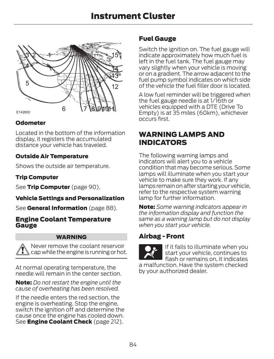 Instrument cluster, Warning lamps and indicators | FORD 2014 Escape v.1 User Manual | Page 87 / 428