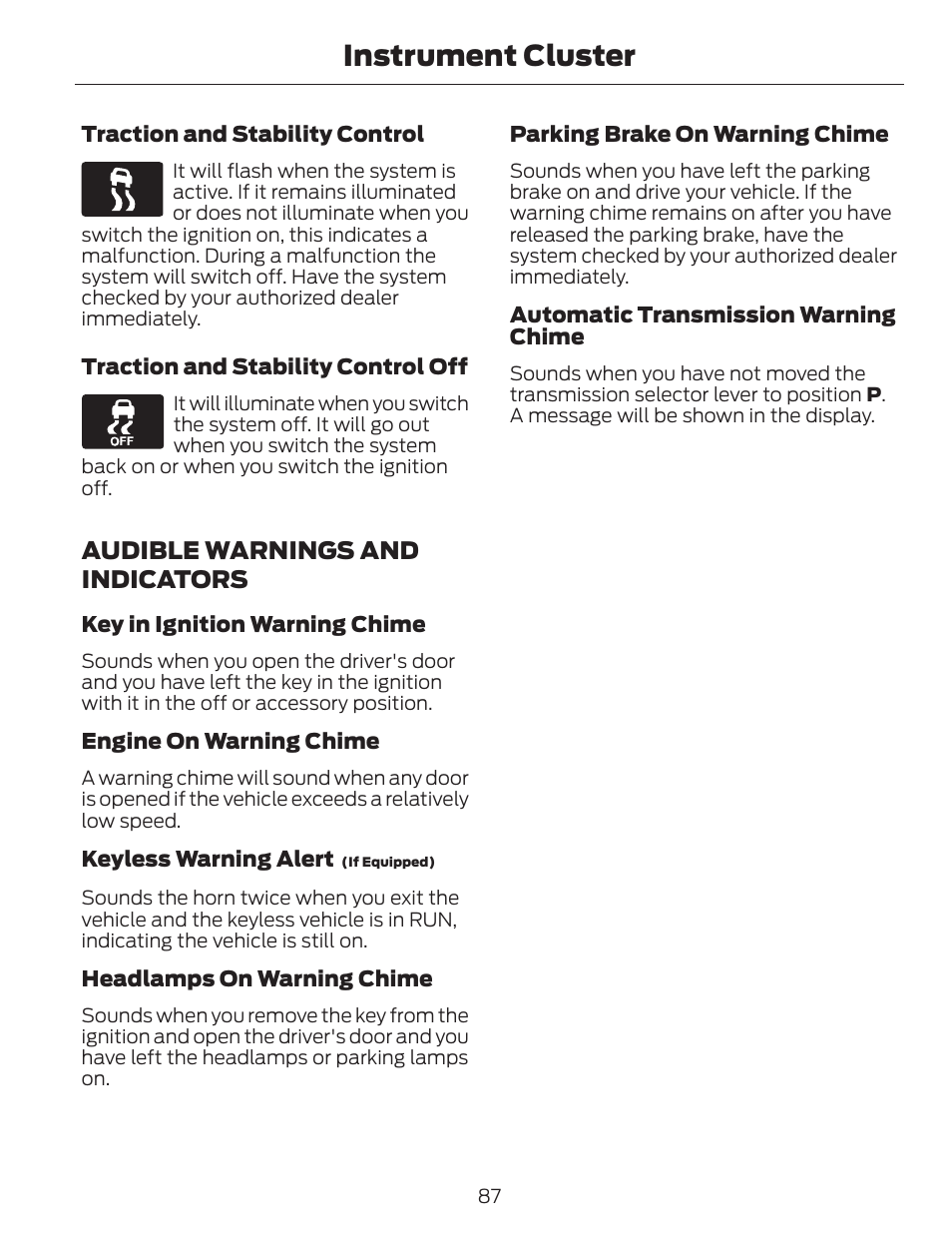 Instrument cluster, Audible warnings and indicators | FORD 2014 Escape v.1 User Manual | Page 90 / 428