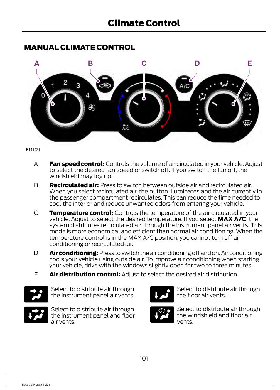 Climate control, Manual climate control, Ae b d c | FORD 2014 Escape v.2 User Manual | Page 104 / 430