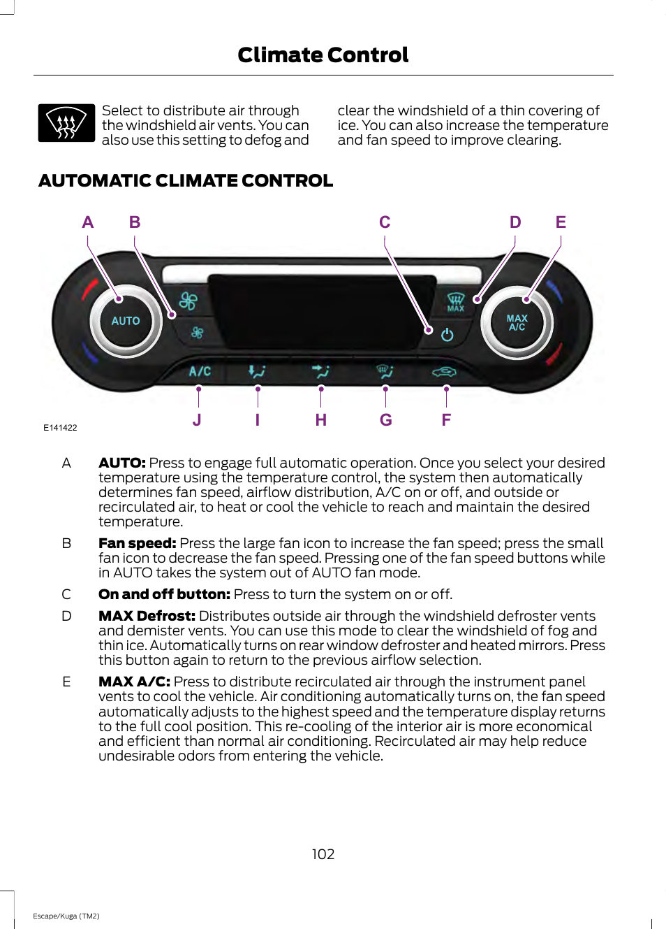 Automatic climate control, Climate control | FORD 2014 Escape v.2 User Manual | Page 105 / 430