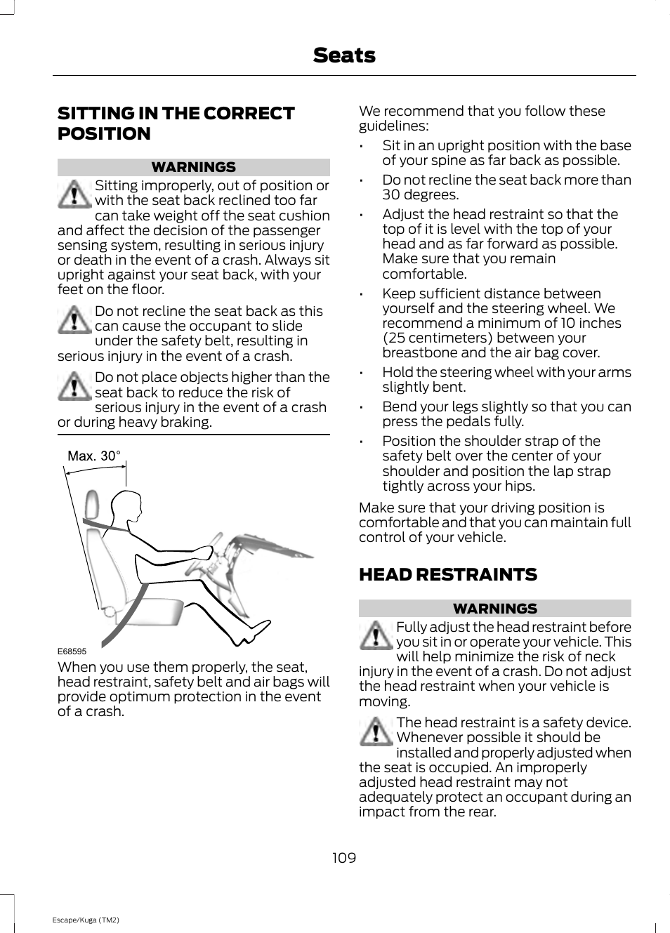 Seats, Sitting in the correct position, Head restraints | Sitting in the correct position head restraints | FORD 2014 Escape v.2 User Manual | Page 112 / 430