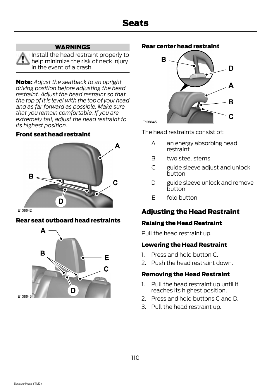 Seats | FORD 2014 Escape v.2 User Manual | Page 113 / 430