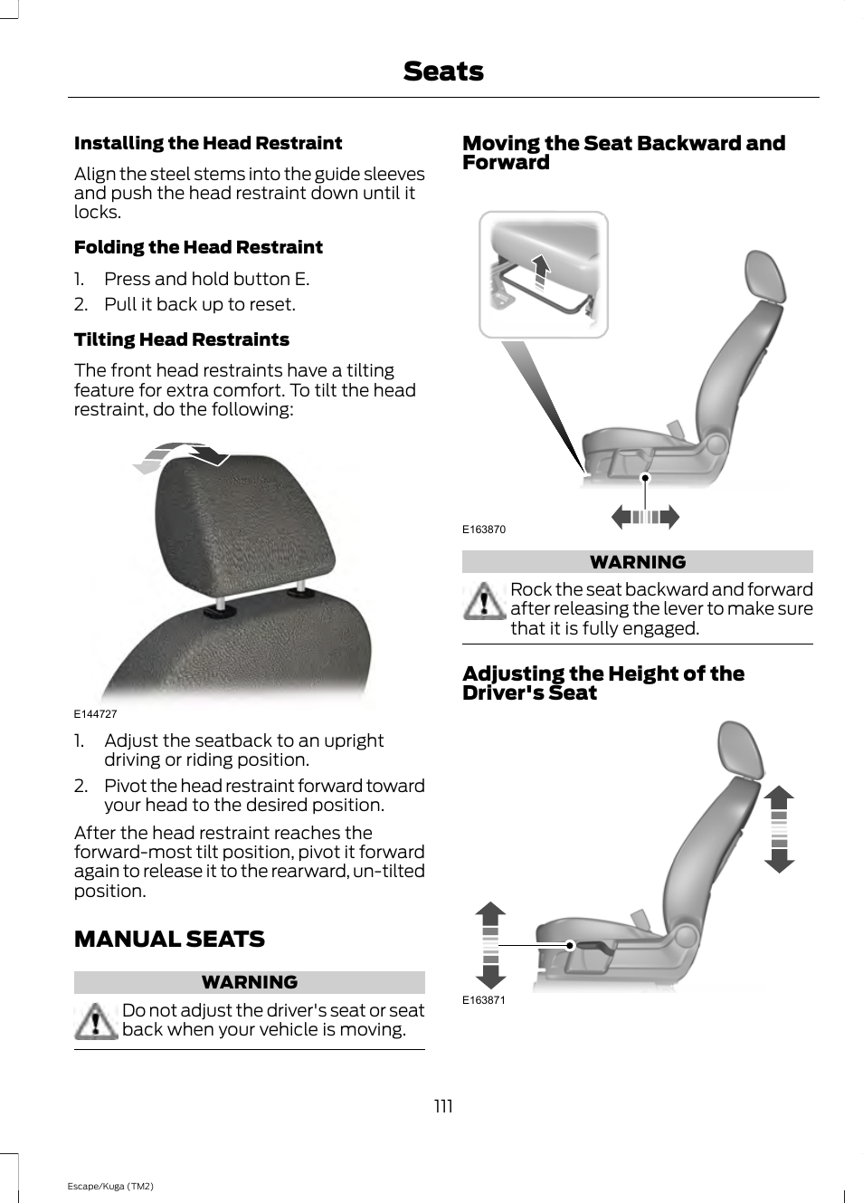 Manual seats, Seats | FORD 2014 Escape v.2 User Manual | Page 114 / 430