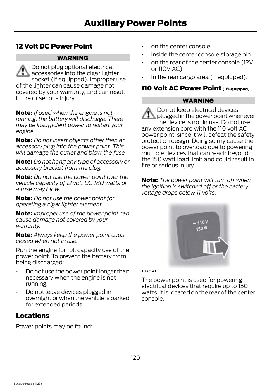 Auxiliary power points | FORD 2014 Escape v.2 User Manual | Page 123 / 430