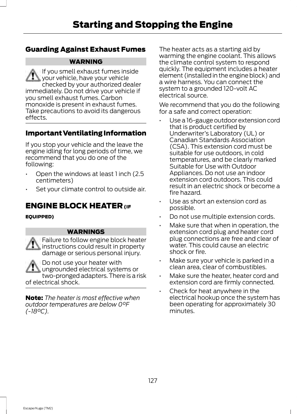 Engine block heater, Starting and stopping the engine | FORD 2014 Escape v.2 User Manual | Page 130 / 430