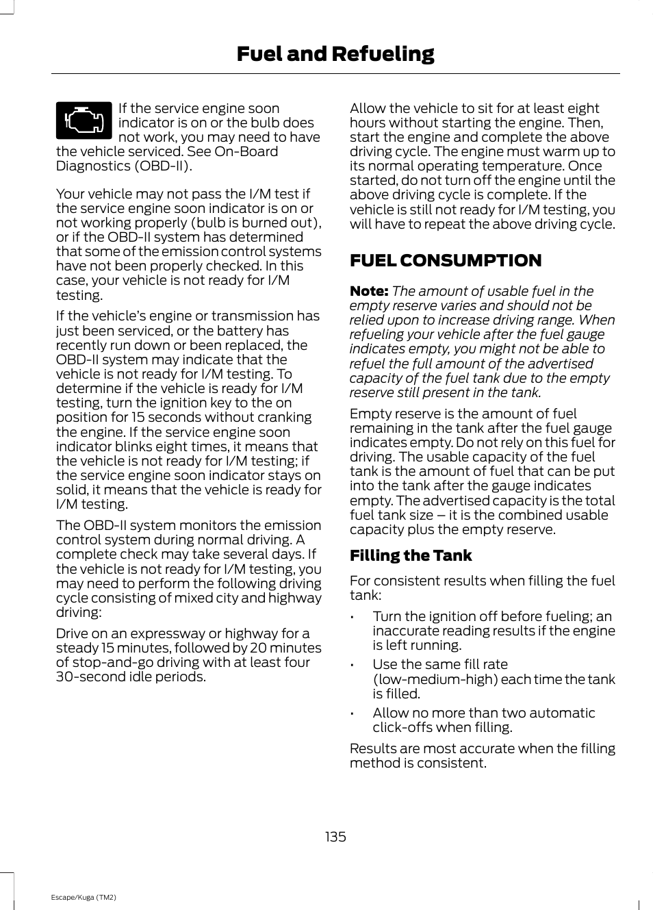 Fuel consumption, Fuel and refueling | FORD 2014 Escape v.2 User Manual | Page 138 / 430