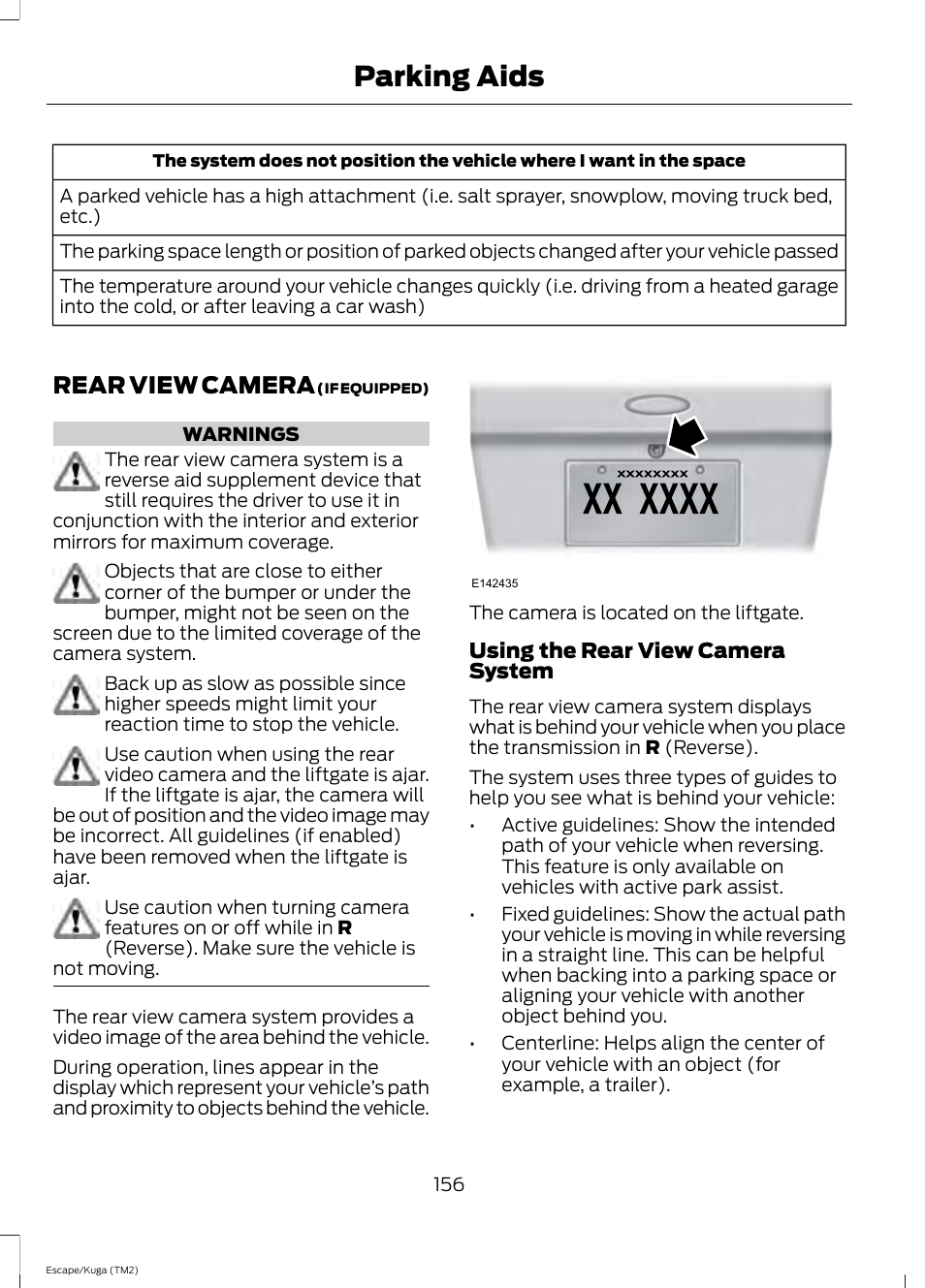 Rear view camera, Parking aids | FORD 2014 Escape v.2 User Manual | Page 159 / 430