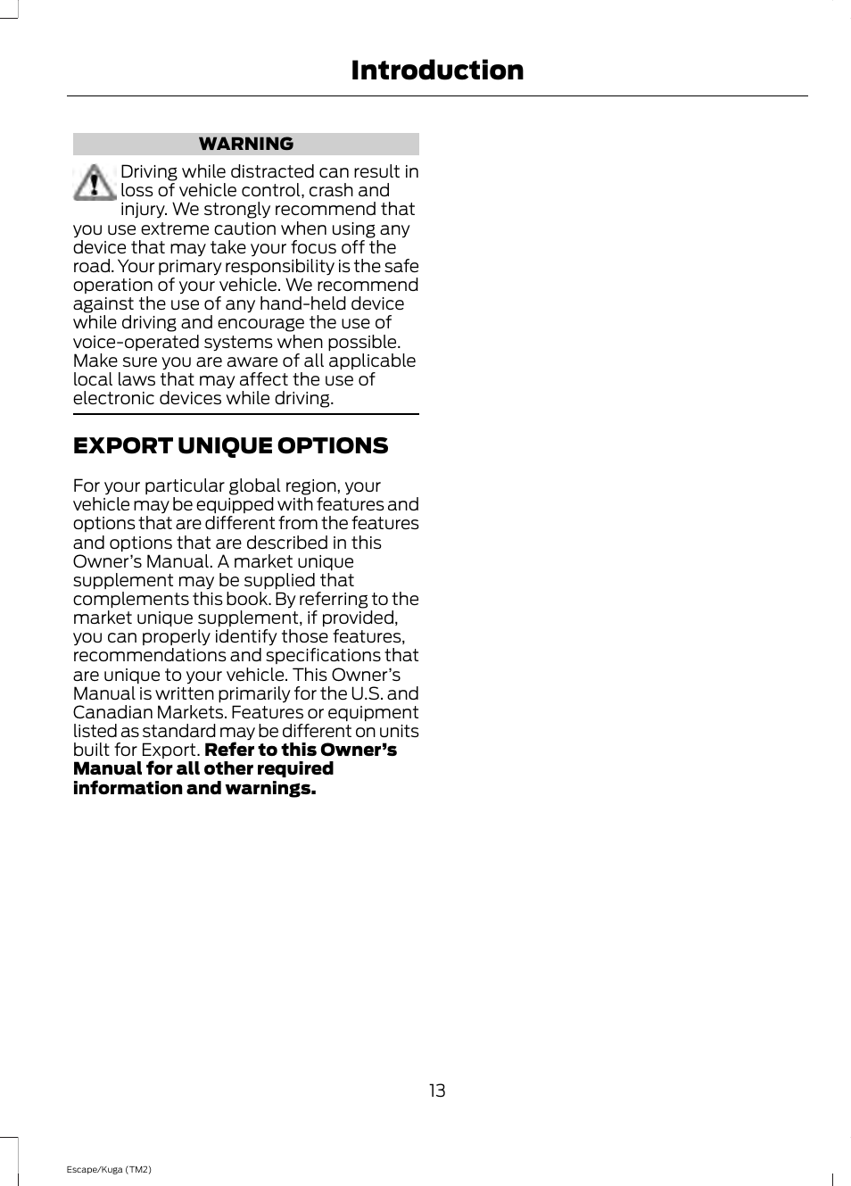 Export unique options, Introduction | FORD 2014 Escape v.2 User Manual | Page 16 / 430