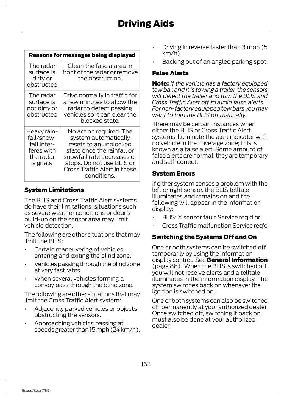 Driving aids | FORD 2014 Escape v.2 User Manual | Page 166 / 430