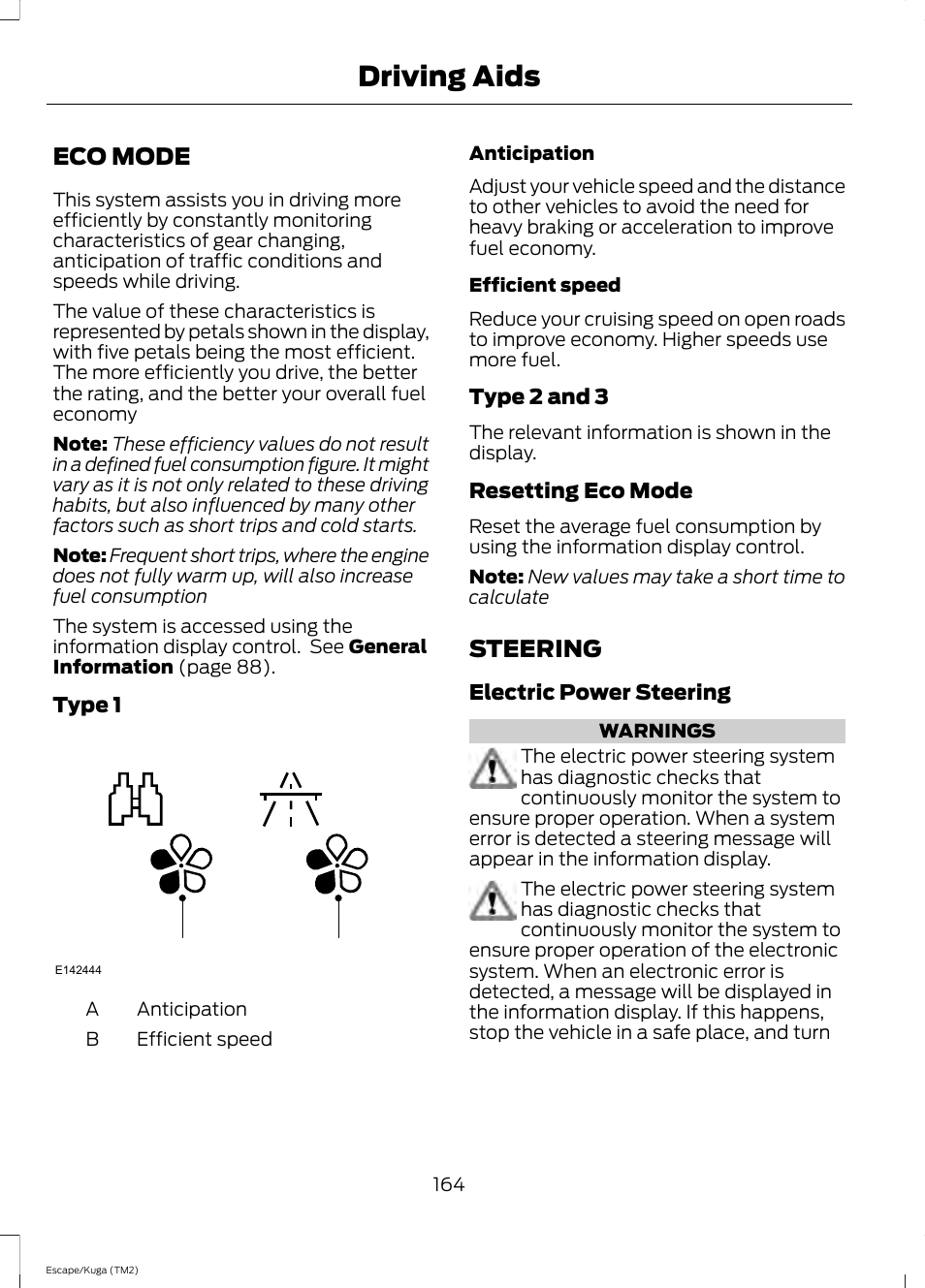 Eco mode, Steering, Eco mode steering | Driving aids | FORD 2014 Escape v.2 User Manual | Page 167 / 430