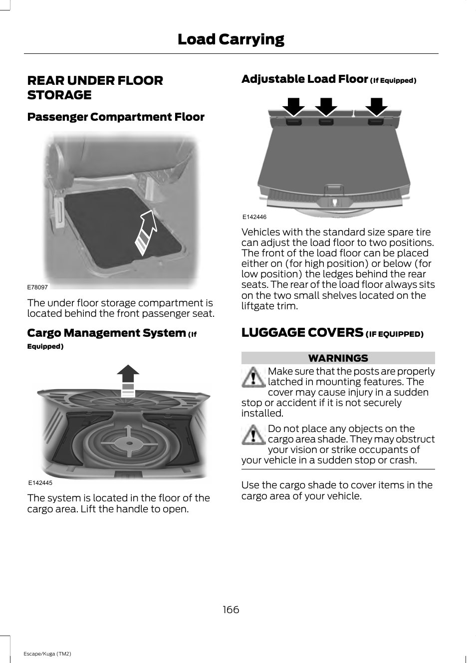 Load carrying, Rear under floor storage, Luggage covers | FORD 2014 Escape v.2 User Manual | Page 169 / 430