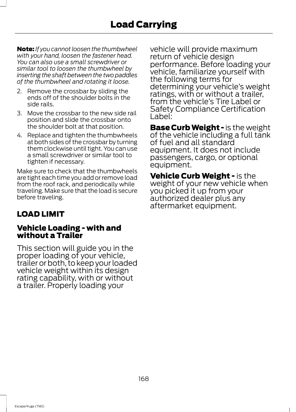 Load limit, Load carrying | FORD 2014 Escape v.2 User Manual | Page 171 / 430