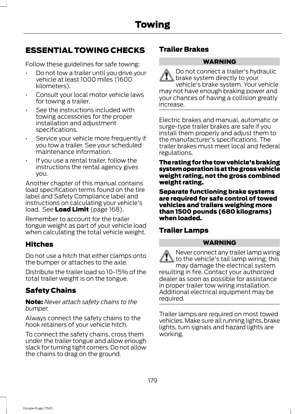 Essential towing checks, Towing | FORD 2014 Escape v.2 User Manual | Page 182 / 430