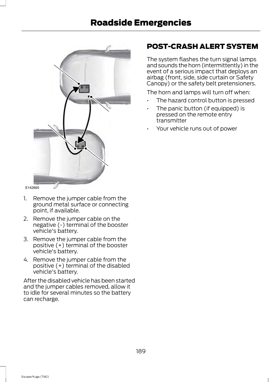 Post-crash alert system, Roadside emergencies | FORD 2014 Escape v.2 User Manual | Page 192 / 430