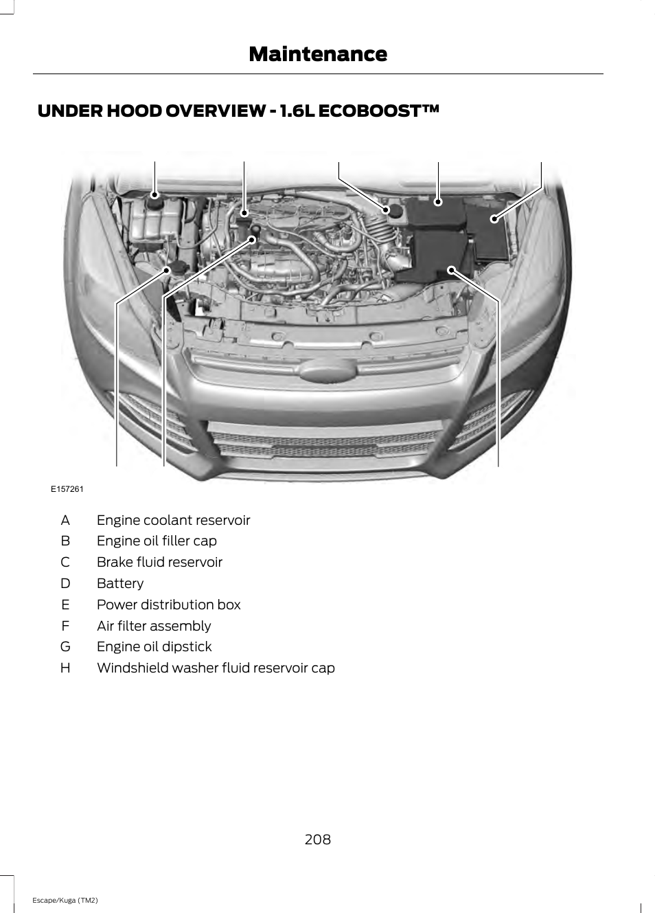 Under hood overview, Under hood overview - 1.6l, Ecoboost | Maintenance, Fh g | FORD 2014 Escape v.2 User Manual | Page 211 / 430