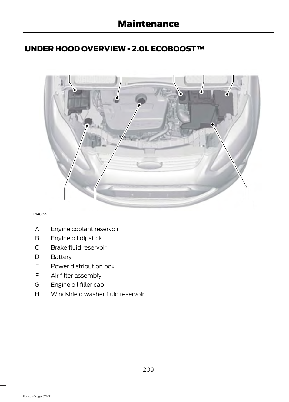 Under hood overview, Under hood overview - 2.0l, Ecoboost | Maintenance | FORD 2014 Escape v.2 User Manual | Page 212 / 430