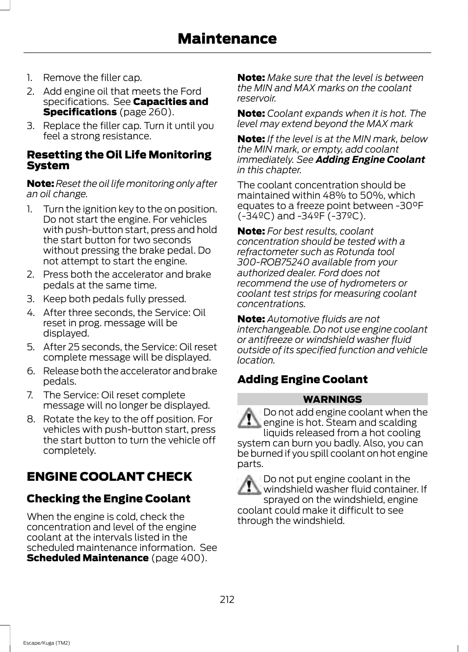 Engine coolant check, See engine, Maintenance | FORD 2014 Escape v.2 User Manual | Page 215 / 430
