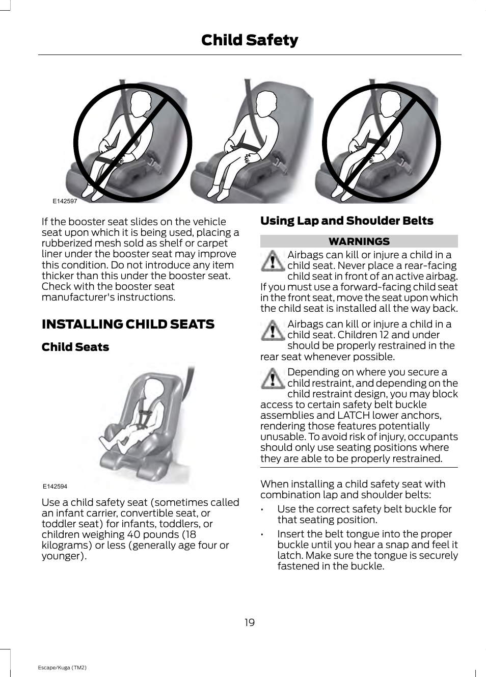 Installing child seats, Child safety | FORD 2014 Escape v.2 User Manual | Page 22 / 430