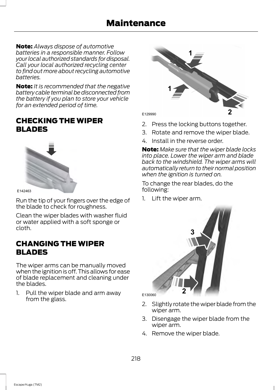 Checking the wiper blades, Changing the wiper blades, Maintenance | FORD 2014 Escape v.2 User Manual | Page 221 / 430