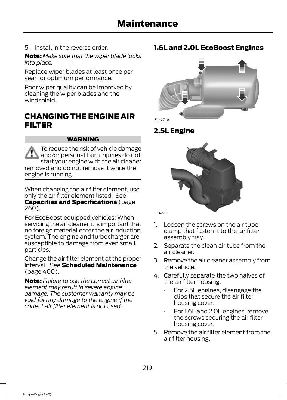 Changing the engine air filter, Maintenance | FORD 2014 Escape v.2 User Manual | Page 222 / 430