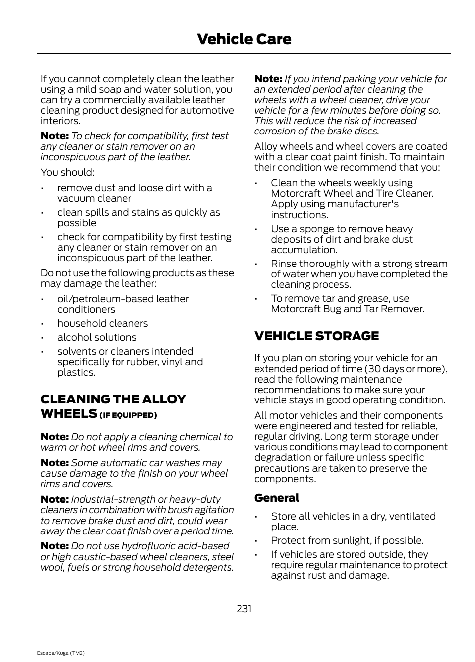 Cleaning the alloy wheels, Vehicle storage, Cleaning the alloy wheels vehicle storage | Vehicle care | FORD 2014 Escape v.2 User Manual | Page 234 / 430