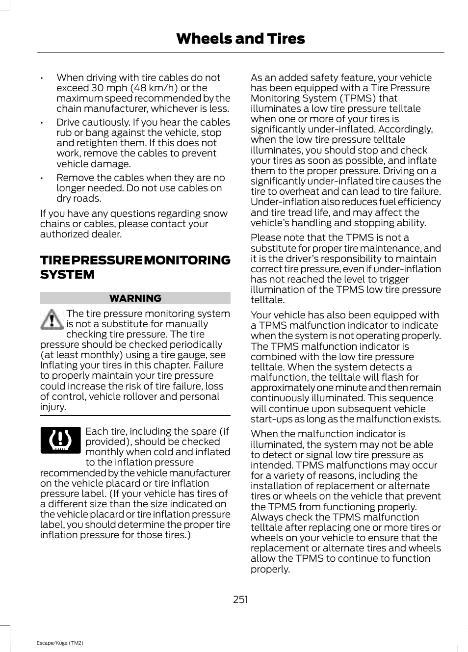 Tire pressure monitoring system, See tire pressure, See tire pressure monit | Wheels and tires | FORD 2014 Escape v.2 User Manual | Page 254 / 430