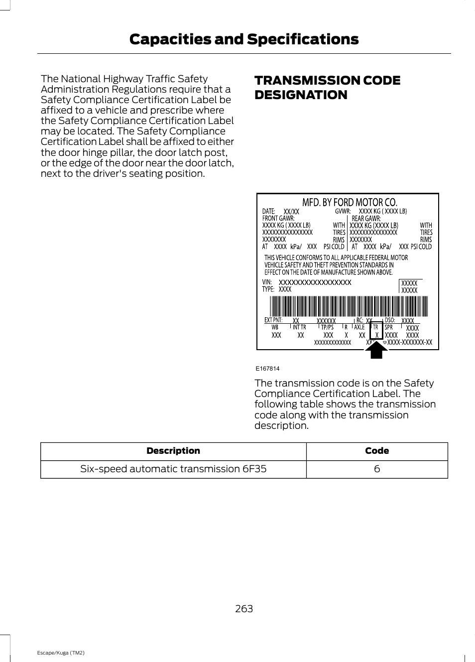 Transmission code designation, Capacities and specifications | FORD 2014 Escape v.2 User Manual | Page 266 / 430