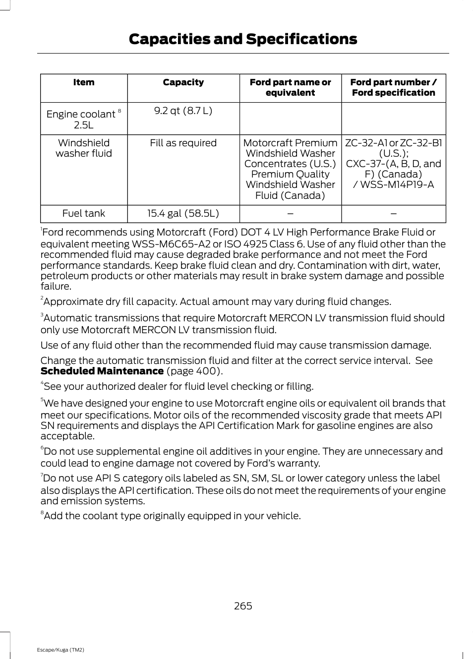 Capacities and specifications | FORD 2014 Escape v.2 User Manual | Page 268 / 430