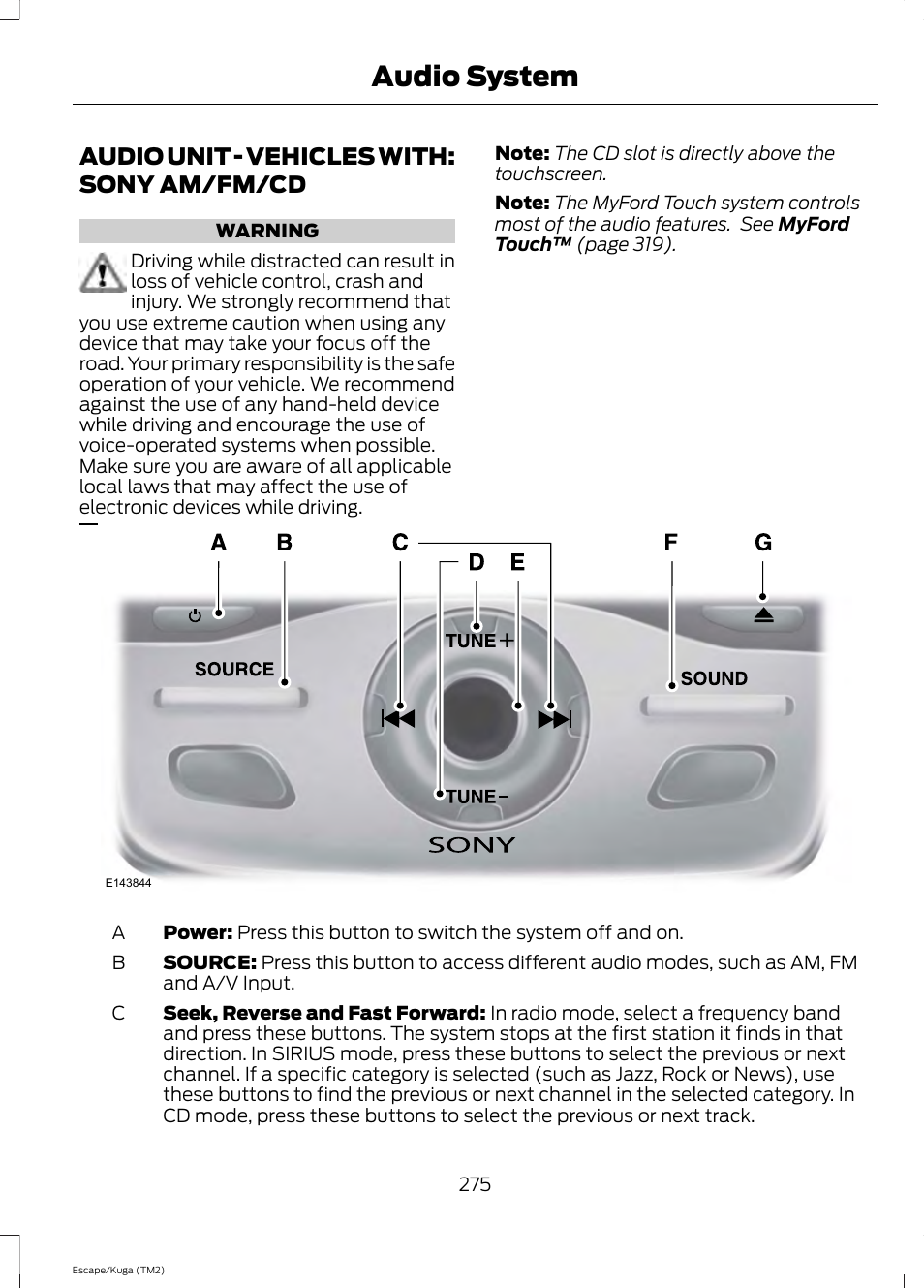 Audio unit, Audio unit - vehicles with: sony, Am/fm/cd | Audio system, Audio unit - vehicles with: sony am/fm/cd | FORD 2014 Escape v.2 User Manual | Page 278 / 430