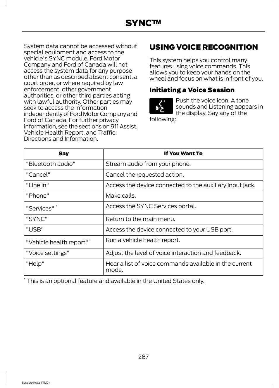 Using voice recognition, Sync | FORD 2014 Escape v.2 User Manual | Page 290 / 430