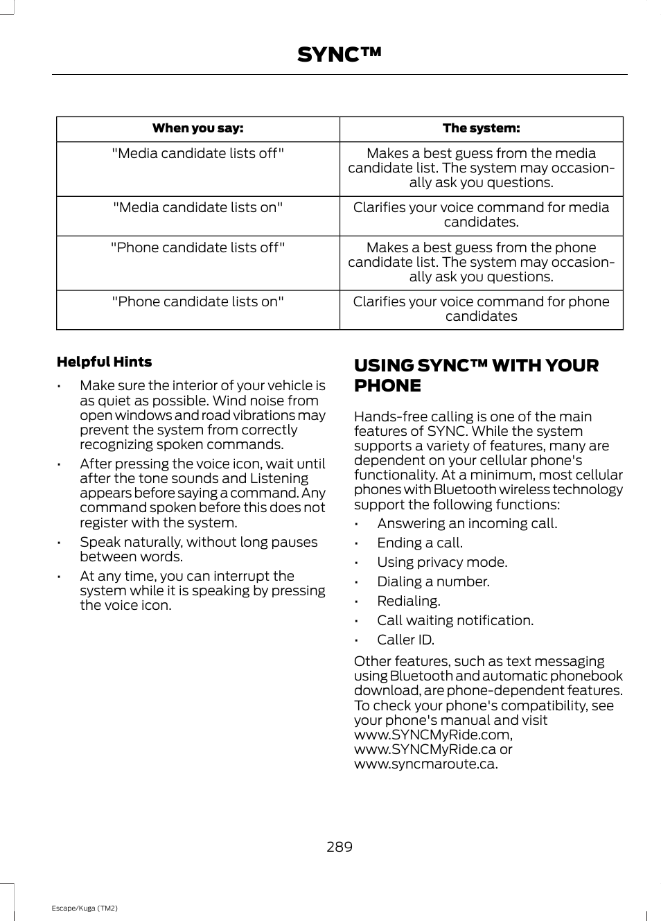 Using sync™ with your phone, Sync | FORD 2014 Escape v.2 User Manual | Page 292 / 430