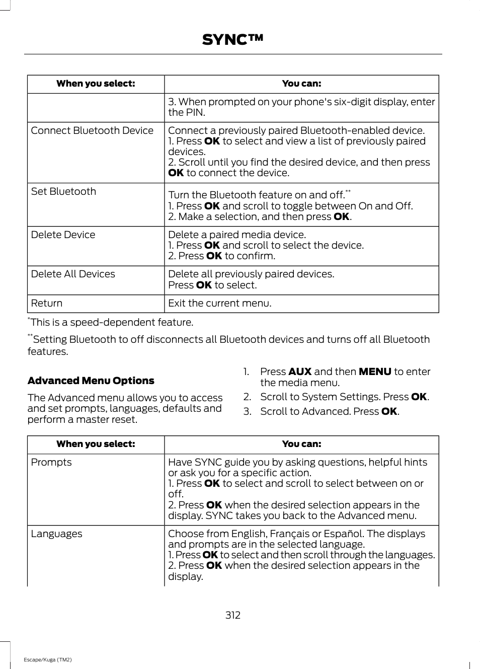 Sync | FORD 2014 Escape v.2 User Manual | Page 315 / 430