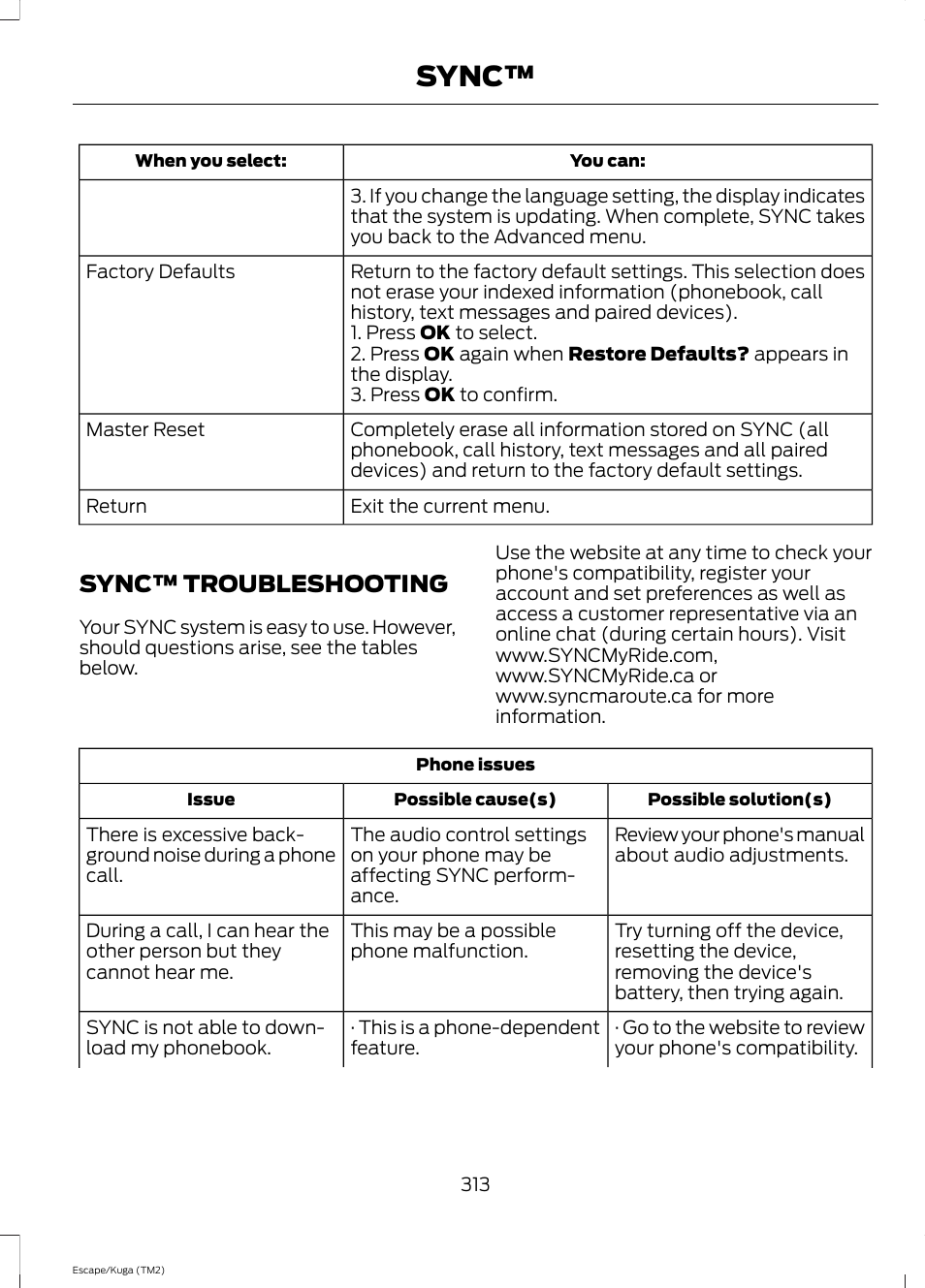 Sync™ troubleshooting, Sync | FORD 2014 Escape v.2 User Manual | Page 316 / 430