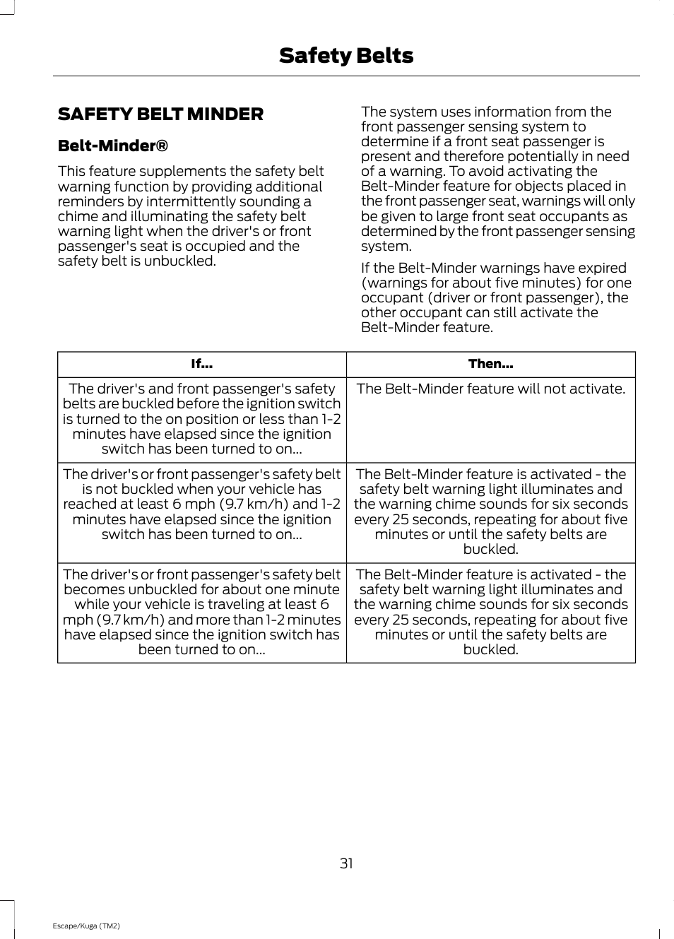 Safety belt minder, Safety belts | FORD 2014 Escape v.2 User Manual | Page 34 / 430