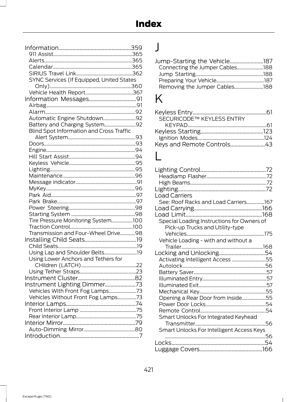 Index | FORD 2014 Escape v.2 User Manual | Page 424 / 430