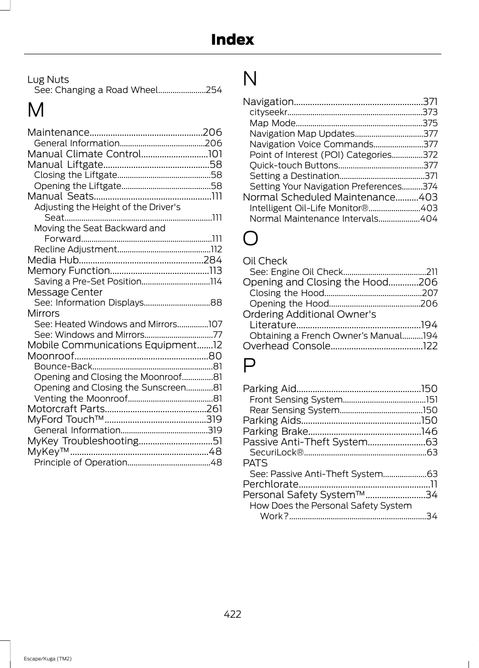 Index | FORD 2014 Escape v.2 User Manual | Page 425 / 430