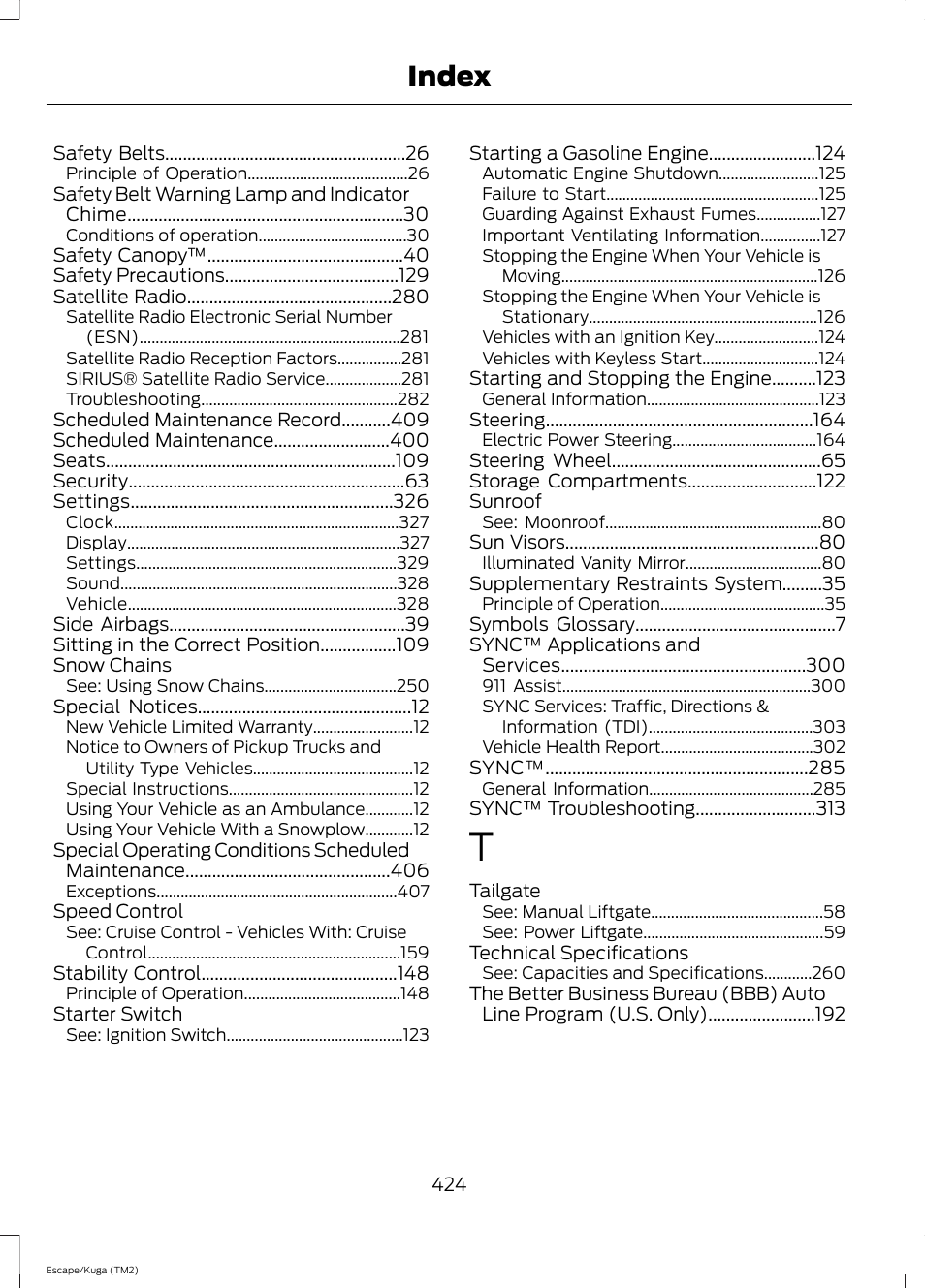 Index | FORD 2014 Escape v.2 User Manual | Page 427 / 430