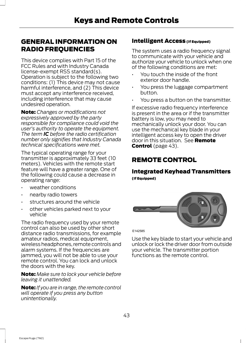 Keys and remote controls, General information on radio frequencies, Remote control | General information on radio, Frequencies | FORD 2014 Escape v.2 User Manual | Page 46 / 430