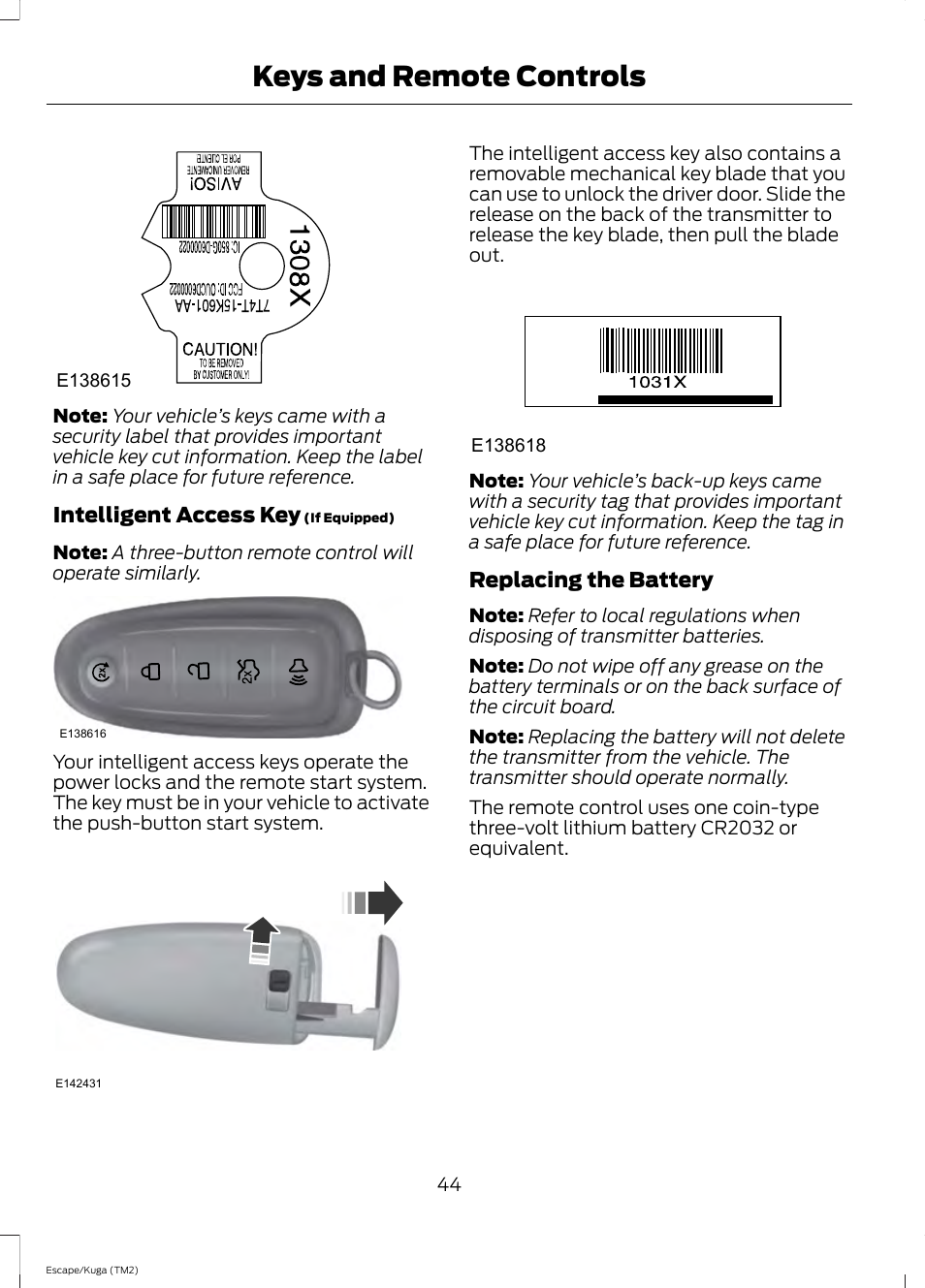 Keys and remote controls | FORD 2014 Escape v.2 User Manual | Page 47 / 430