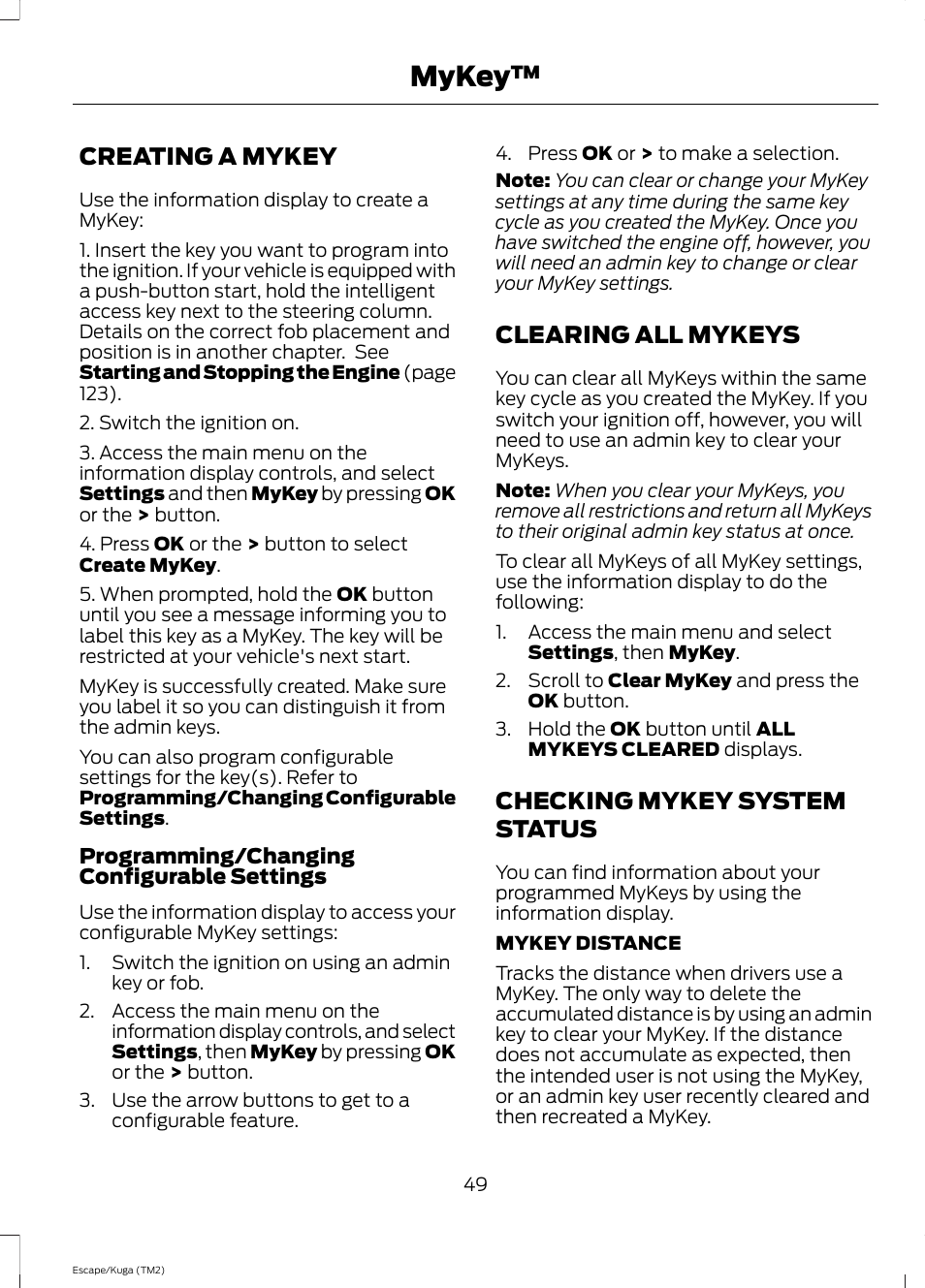 Creating a mykey, Clearing all mykeys, Checking mykey system status | Mykey | FORD 2014 Escape v.2 User Manual | Page 52 / 430