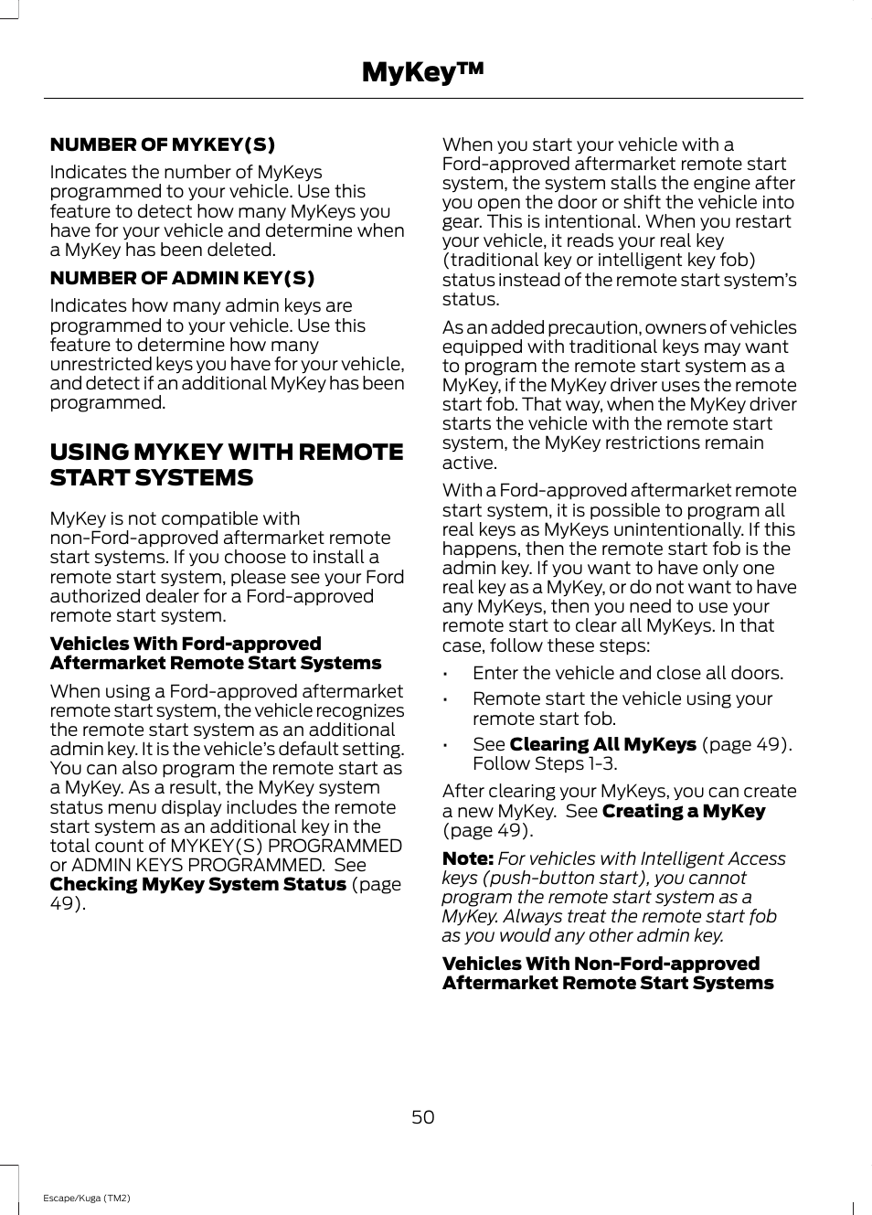 Using mykey with remote start systems, Using mykey with remote start, Systems | Mykey | FORD 2014 Escape v.2 User Manual | Page 53 / 430