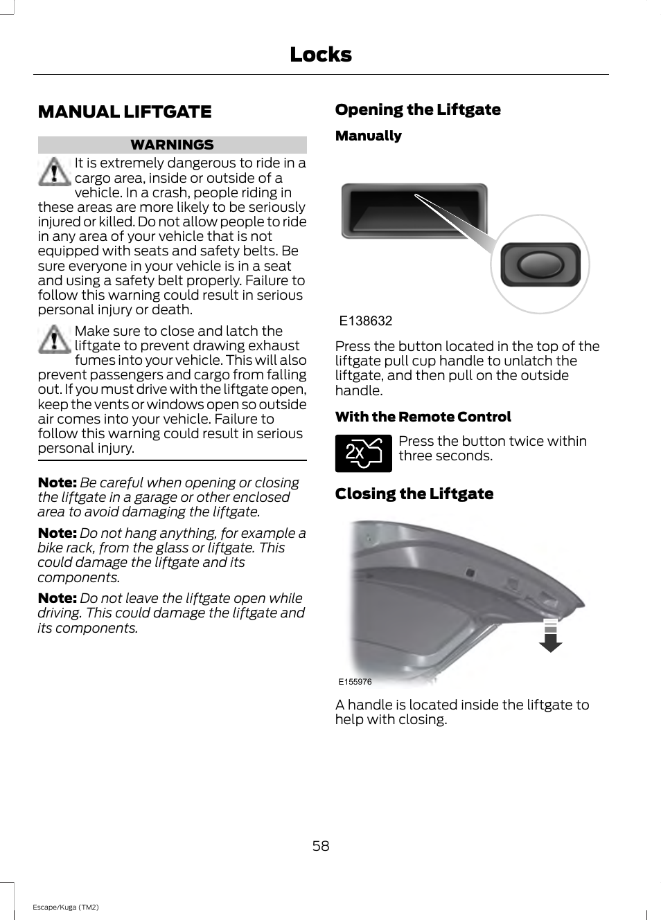 Manual liftgate, Locks | FORD 2014 Escape v.2 User Manual | Page 61 / 430