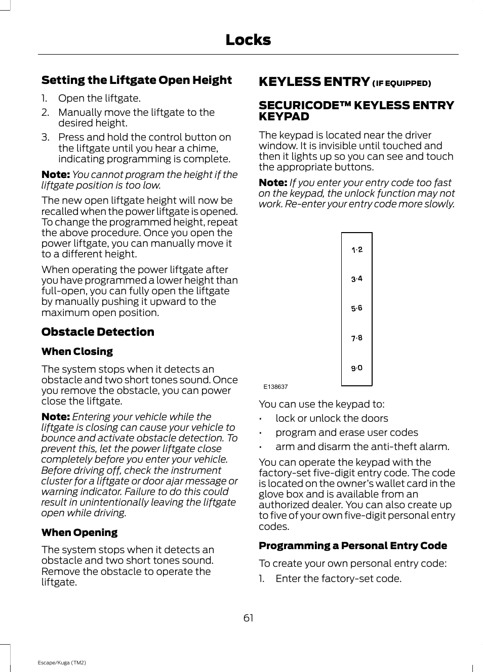 Keyless entry, Locks | FORD 2014 Escape v.2 User Manual | Page 64 / 430