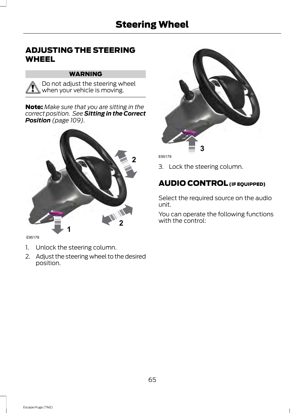 Steering wheel, Adjusting the steering wheel, Audio control | Adjusting the steering wheel audio control | FORD 2014 Escape v.2 User Manual | Page 68 / 430