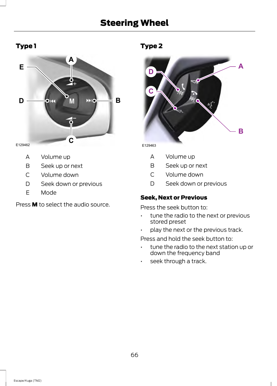 Steering wheel, Bd c a e, Cd a b | FORD 2014 Escape v.2 User Manual | Page 69 / 430