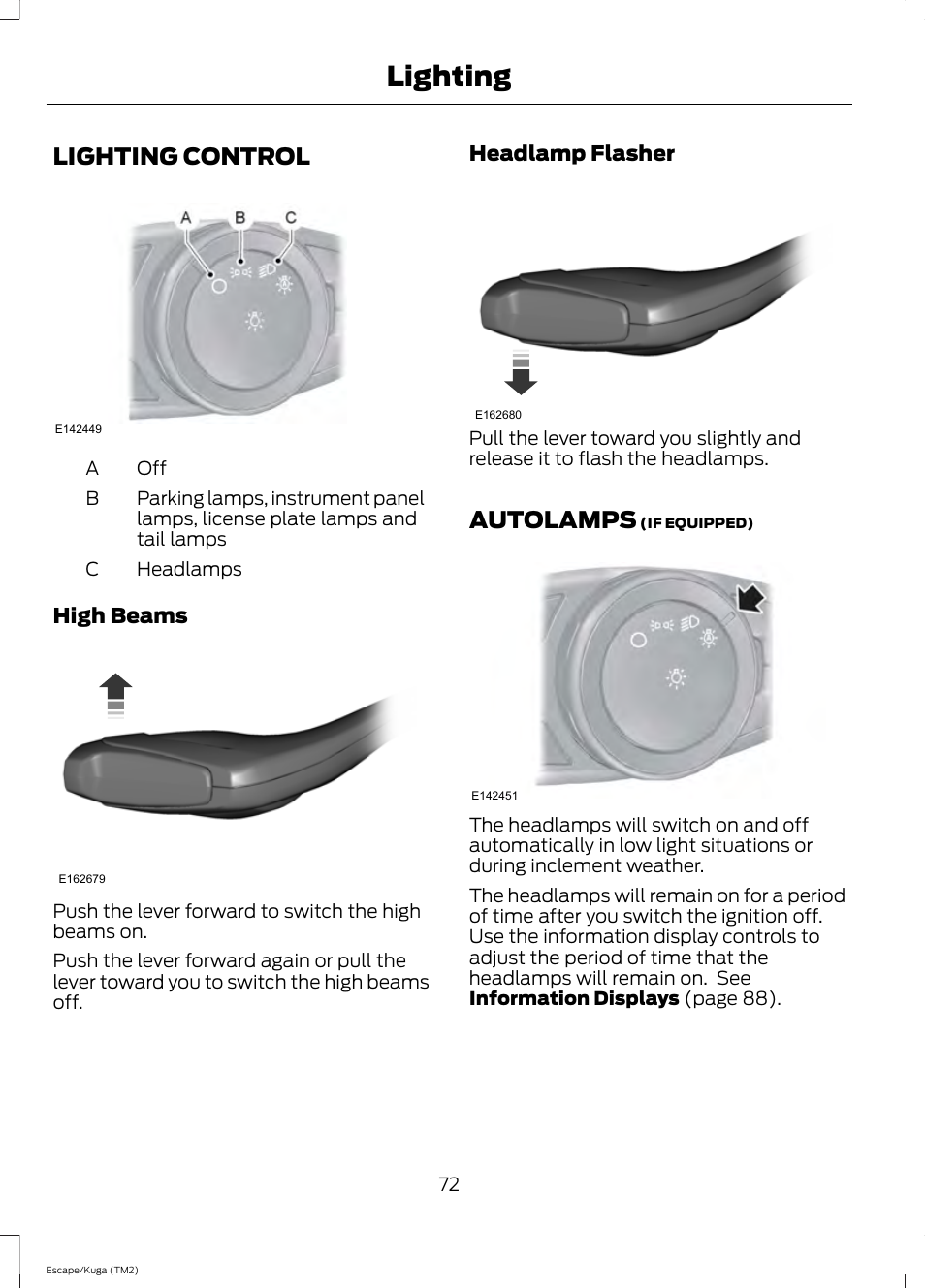 Lighting, Lighting control, Autolamps | Lighting control autolamps | FORD 2014 Escape v.2 User Manual | Page 75 / 430