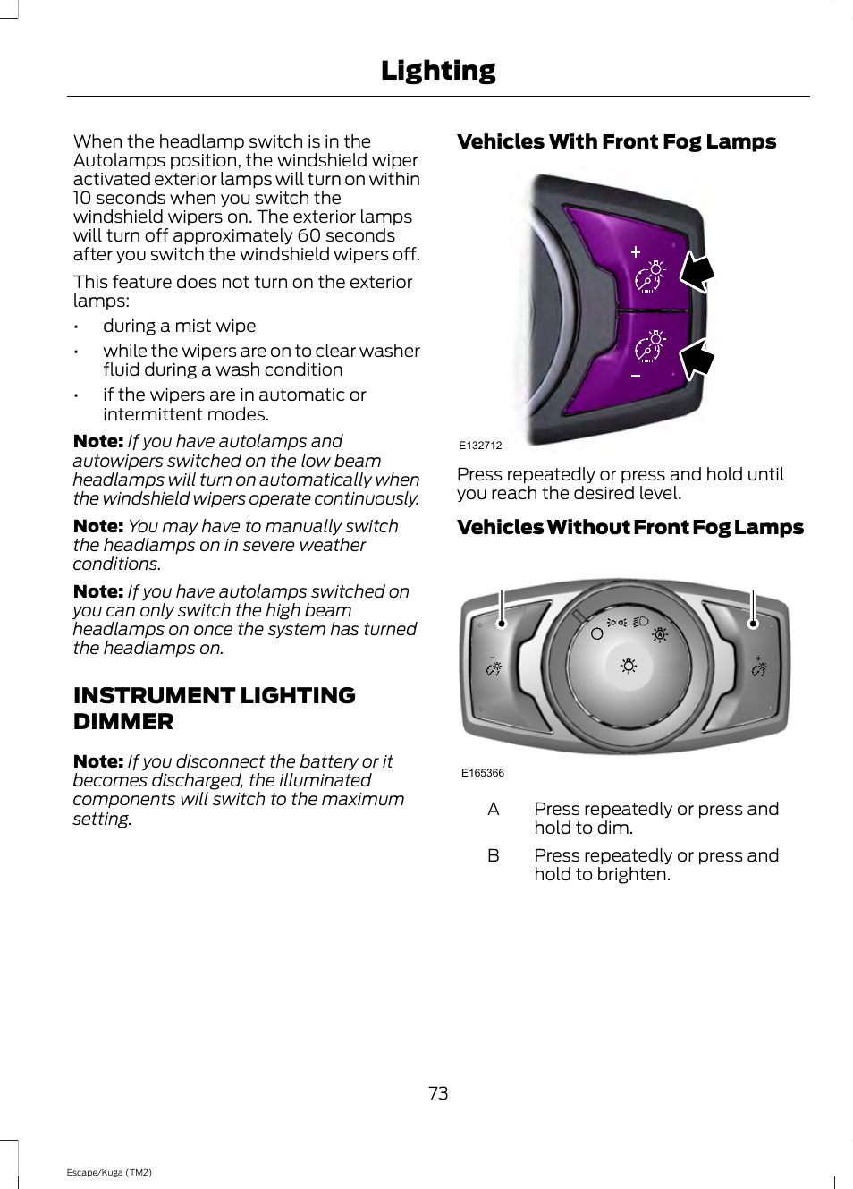 Instrument lighting dimmer, Lighting | FORD 2014 Escape v.2 User Manual | Page 76 / 430