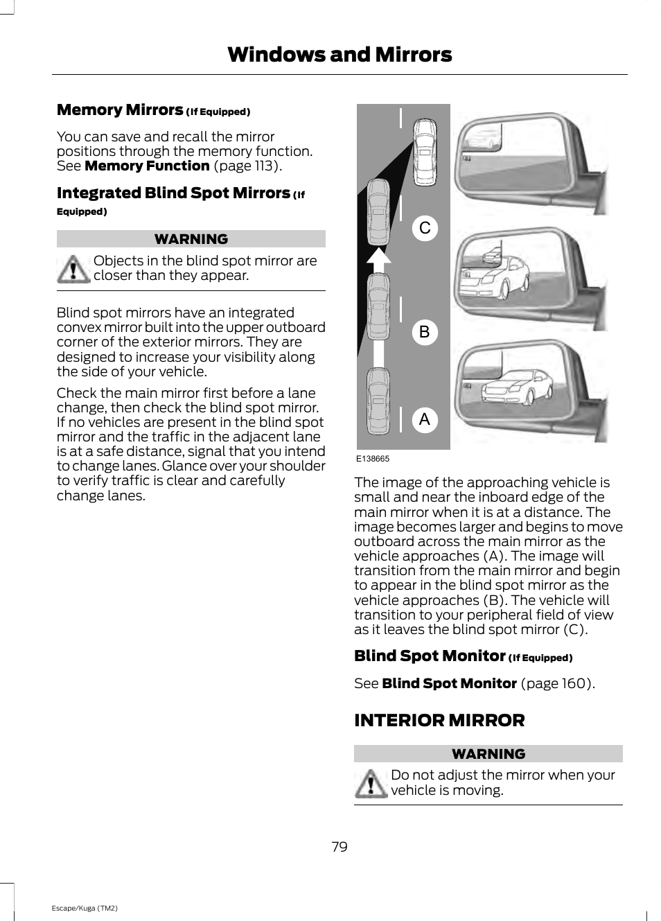 Interior mirror, Windows and mirrors, Ab c | FORD 2014 Escape v.2 User Manual | Page 82 / 430